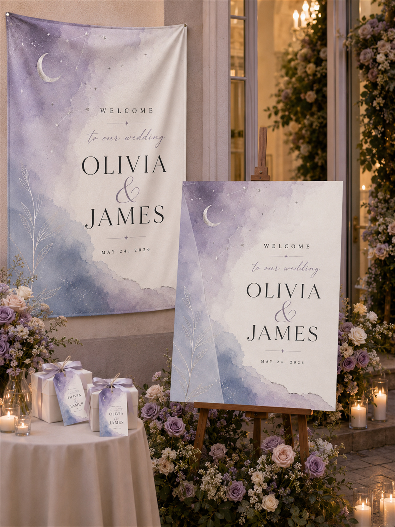 Customized celestial lavender wedding decorations - moon, stars and watercolor designs for a luxurious wedding - customized names and dates